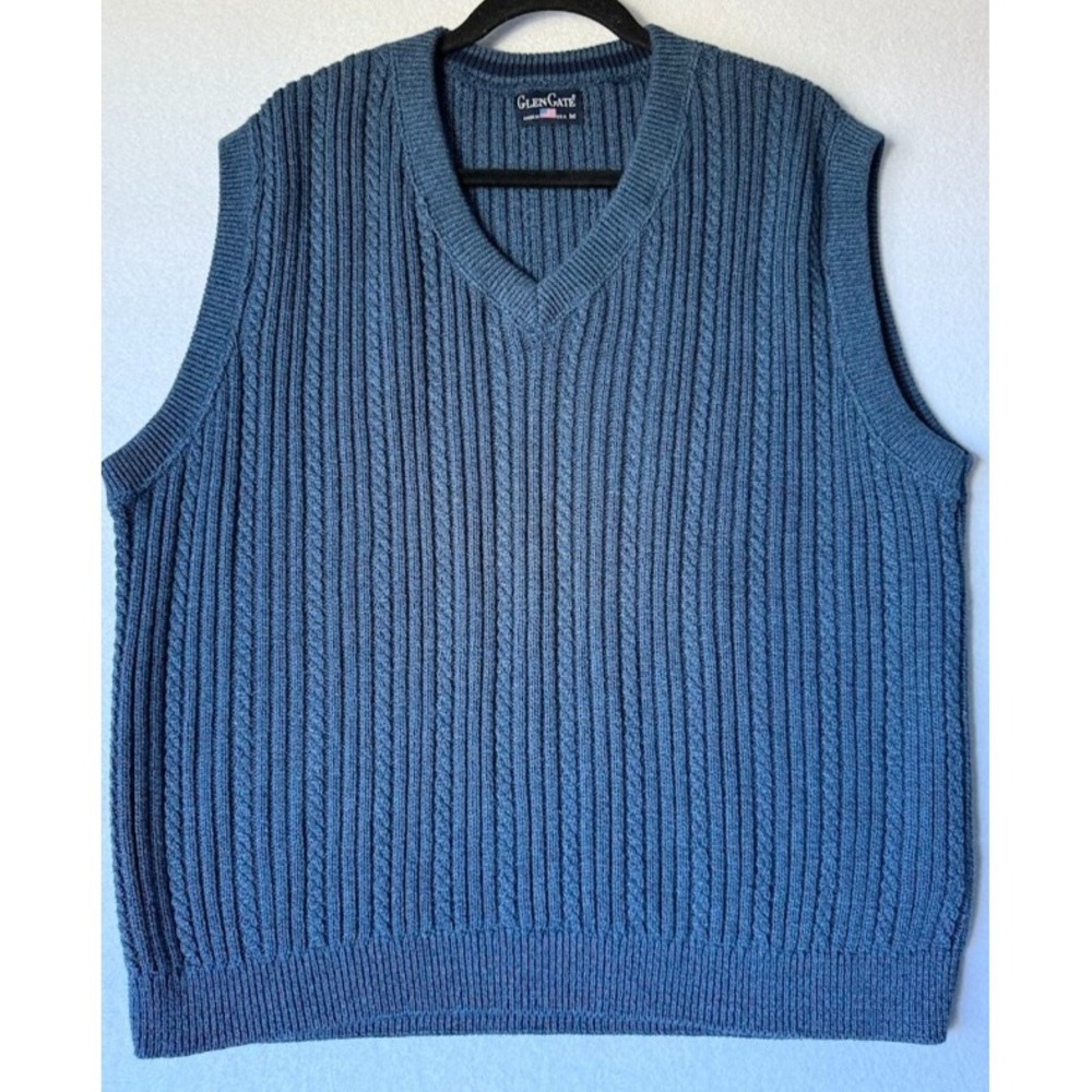 VTG Glen Gate Vest Men Medium Blue Ribbed ‎ Knit 100% Cotton V Neck Made In USA